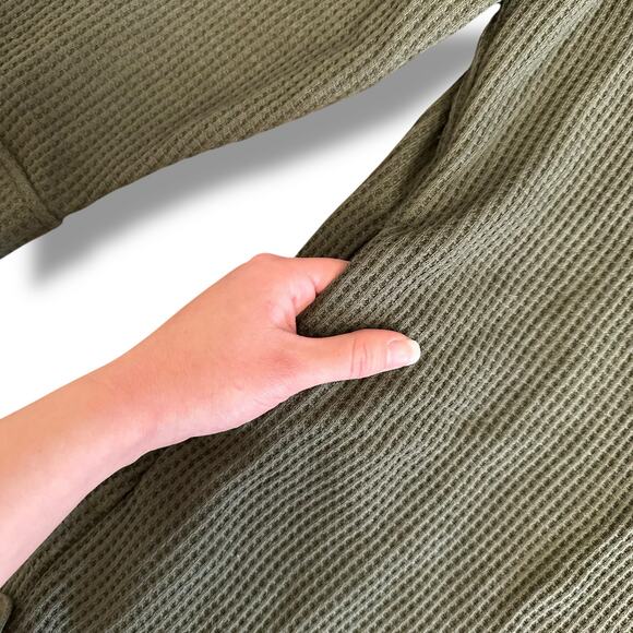 Olive Green‎ Waffle Knit Button-Up Romper Size L Long Sleeve Collared Lounge - Picture 10 of 10